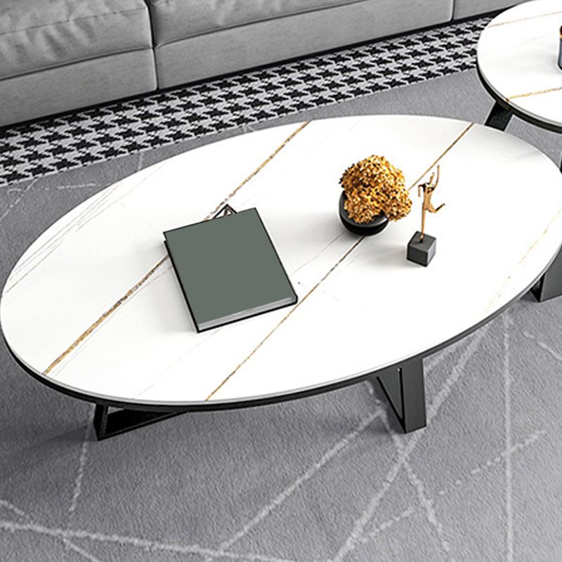 Glam Oval Stone Top Coffee Table with Iron Cross Base 17.71" High