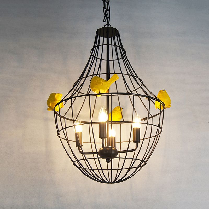 4 Lights Candelabra Suspended Lighting Fixture Traditional Black Metal Chandelier with Cage