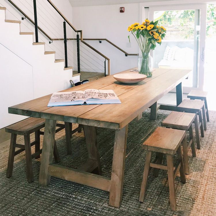 Mesa de comedor de madera de pino Mesa rectangular moderna con base de pedestal doble