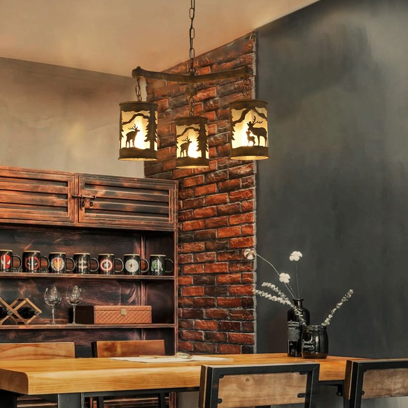 Cylinder Metal and Fabric Chandelier Light Rustic 3/6/9 Lights Dining Room Pendant Lighting in Brown with Deer Pattern