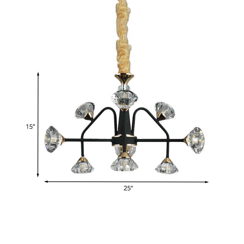 Sputnik Bedroom Chandelier Lamp Modern Metal 9 Bulbs Black Pendant Light with Diamond Crystal Shade
