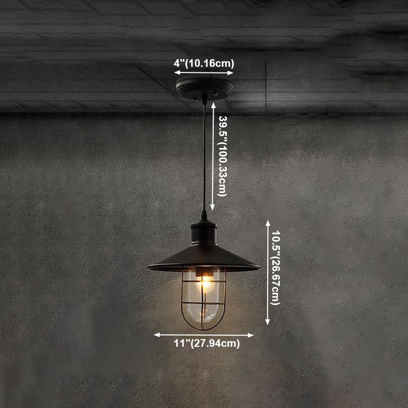 Iron Frame Single Pendant Light in Industrial Retro Style Glass Cone Hanging Lamp in Black