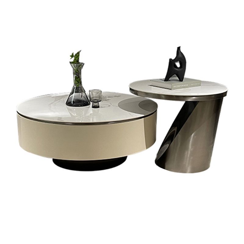 Slate Glam Coffee Table Round Nesting Coffee Table Set with Drawer