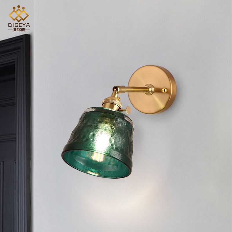 Brass Single Bulb Wall Sconce Antiqued Green Dimpled Glass Conical Adjustable Wall Lighting