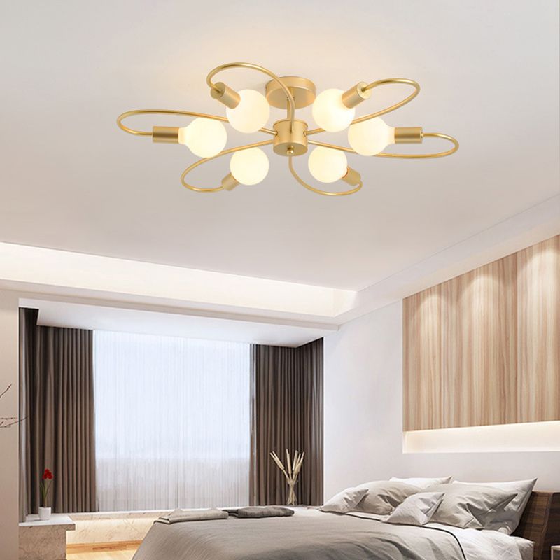 Bare Bulb Floriated Semi Flush Mount in Industrial Vintage Style Metal Ceiling Light for Dining Room