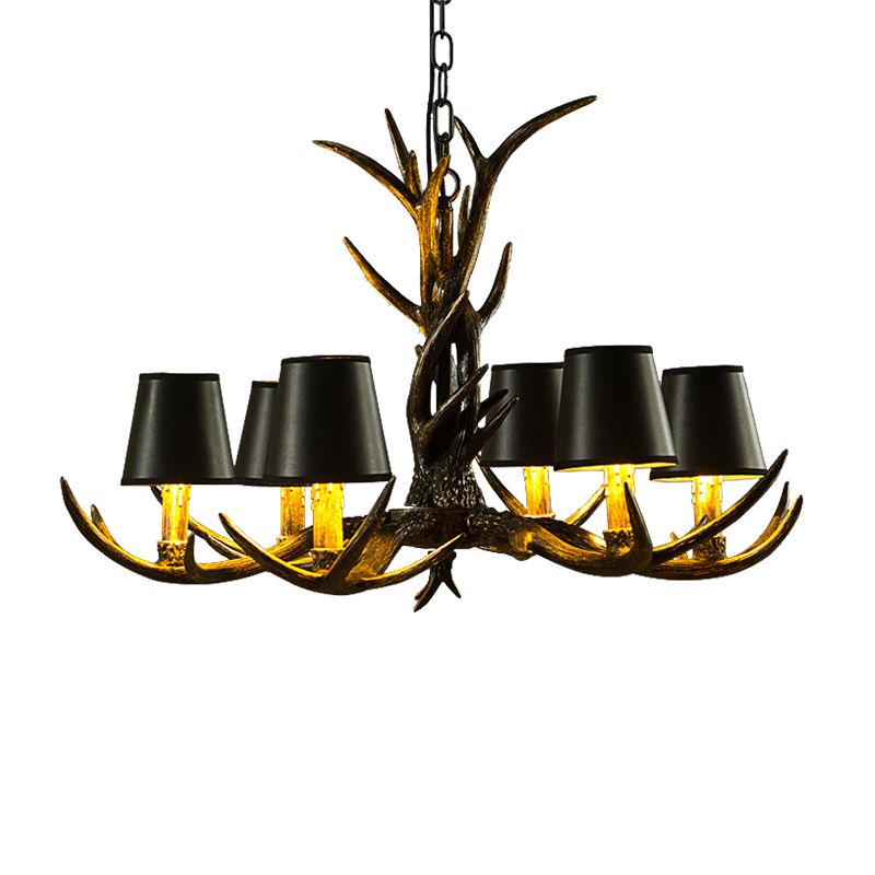 Black 6/8 Lights Chandelier Lighting Rustic Resin Cone Pendant Lamp with Antler for Living Room