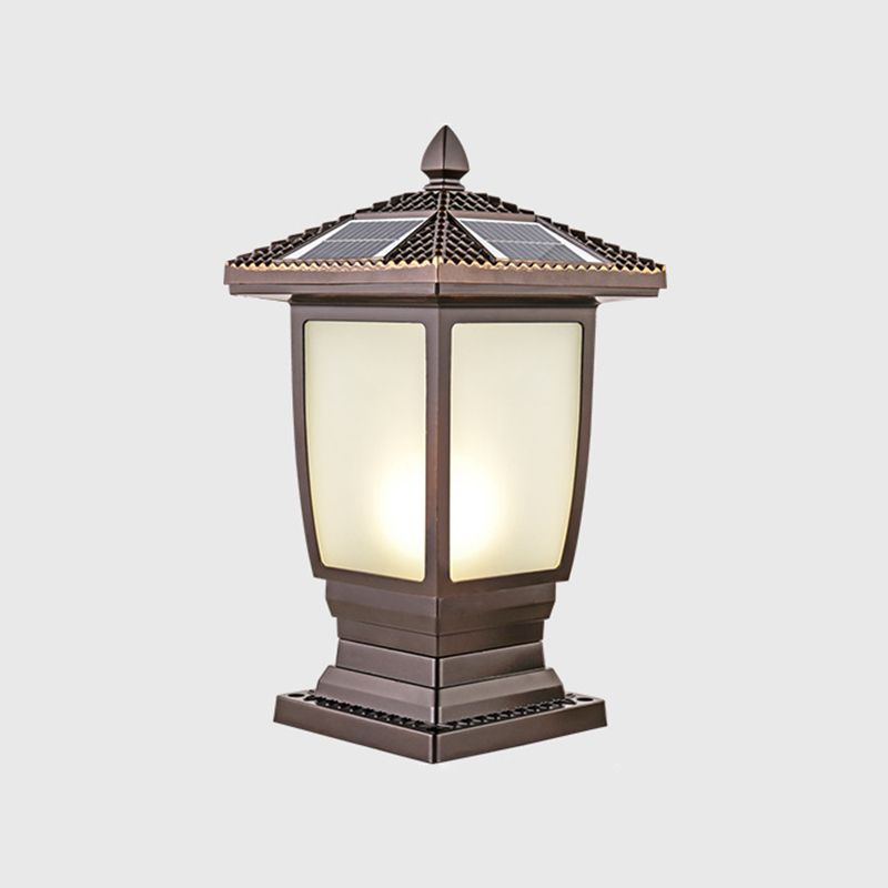 Contemporary Metal Pillar Lamp Pavilion Shape Outdoor Waterproof Light with Glass Shade