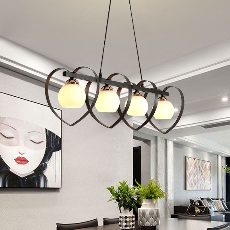 Opal Glass Global Island Lighting Contemporary 3/4 Luci bianca/Nera Lampada a soffitto appesa con telaio cardiaco amorevole