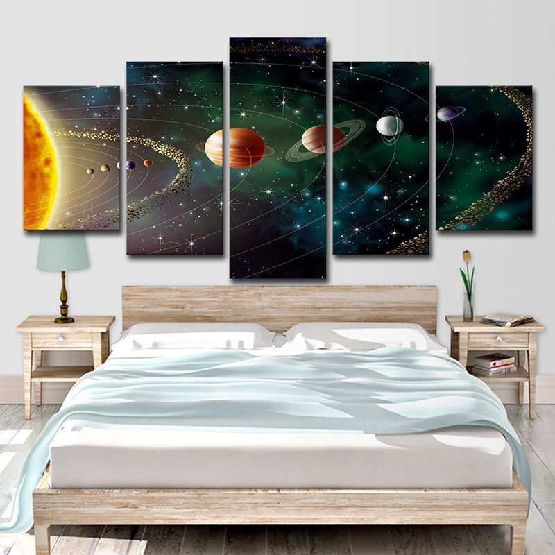 Solar System Wall Art Print Fictional Enchanting Universe Canvas in Green for Bedroom