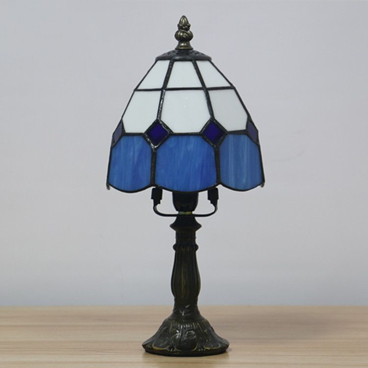 Dome Night Light Mission Stained Art Glass 1 Head Beige/Yellow/Orange Grid Patterned Nightstand Lighting for Bedroom