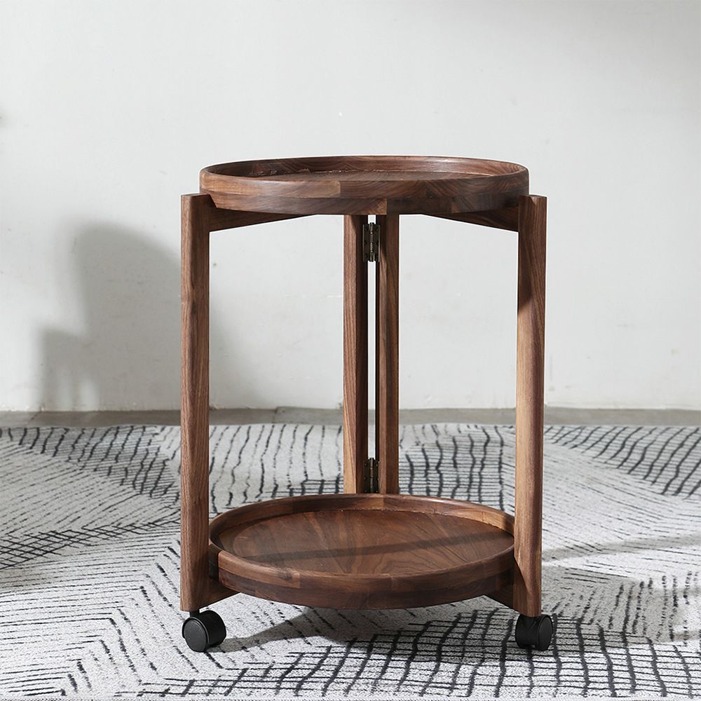 Scandinavian Round Tray Top Side Table 21.6-inch Wood End Table with Shelf and Wheel