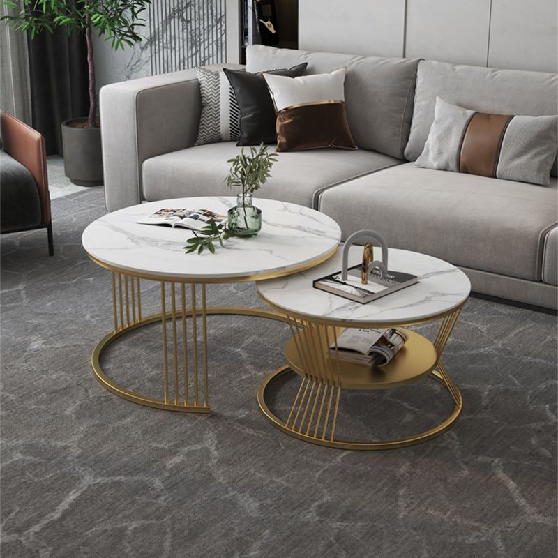 Contemporary Coffee Table Set Round White 2-Piece Coffee Cocktail Table