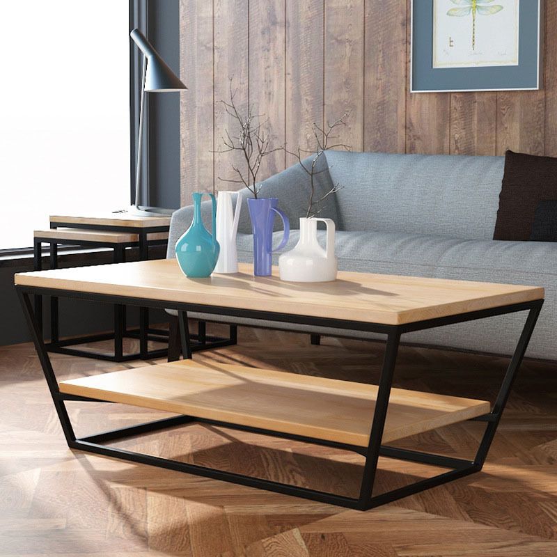 19.68" H Modern Wooden Coffee Table Steel Sled Cocktail Table with Shelf