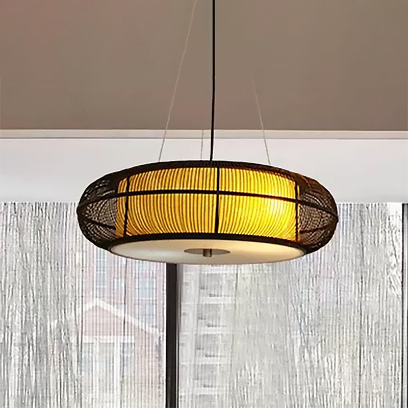 Modern Stylish Drum Shade Hanging Pendant Light Bamboo 3-Head Dining Room Ceiling Light in Black/Wood