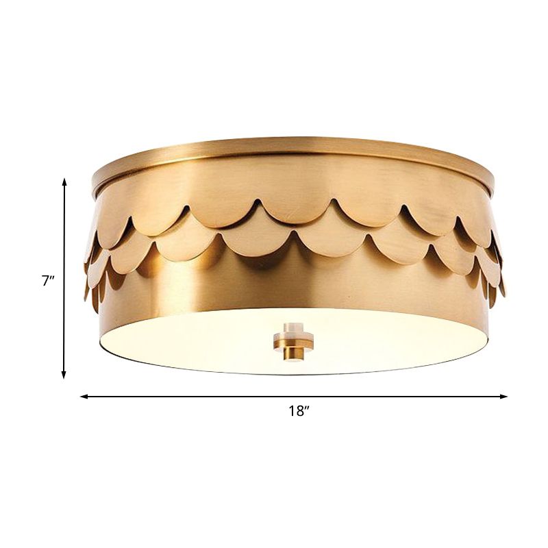 Drum Ceiling Mounted Light Postmodern Iron LED Bedroom Flush Mount Lamp in Gold with Ruffled Edge