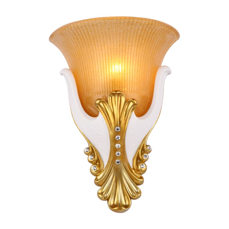 1 Light Wall Sconce Lighting Rural Bell Shape Yellow/White Fluted Glass Wall Mounted Lamp for Bedroom, 9.5"/13" Width