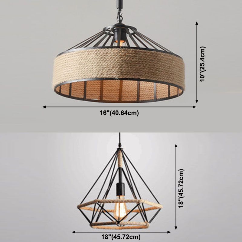 Geometric Rope Pendant Light Fixture Retro-Style Restaurant Pendant Ceiling Light in Beige