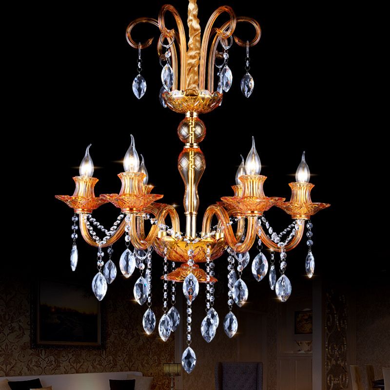 Gold Candle Chandelier Lighting Traditional Prism Glass 6 Heads Dining Room Hanging Lamp with Crystal Drip