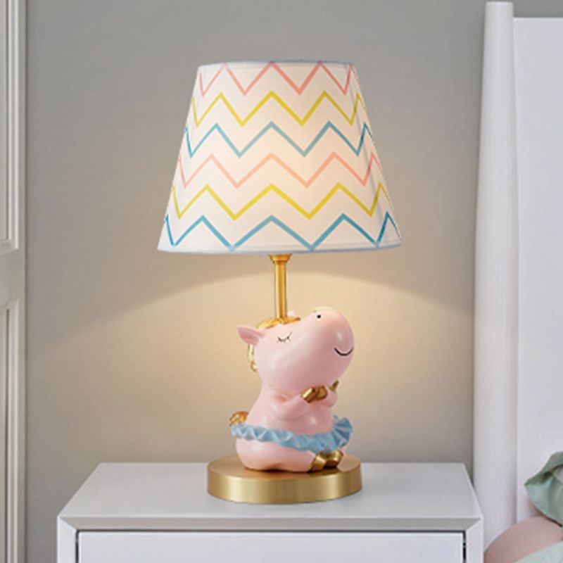 Pink Horse Table Light Cartoon 1 Bulb Resin Night Stand Lamp with Wave-Printed Fabric Lampshade