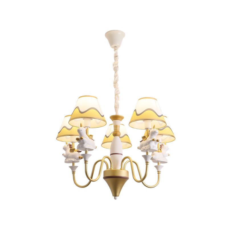 Conic tissu Shade plafond Carton de lustre 5 lumières Pink / Blue / Gol Finish Pendululum avec décor de licorne