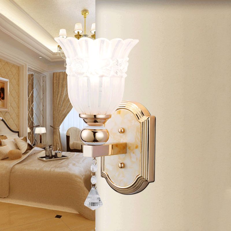 Frosted Glass Floral Wall Sconce Lamp Country Style 1 Bulb Gold Finish Wall Lighting Fixture for Corridor
