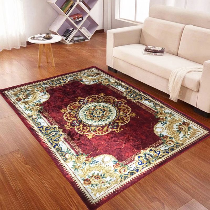 Stylish Medallion Pattern Area Carpet Red Traditional Area Rug Anti-Slip Rug for Living Room