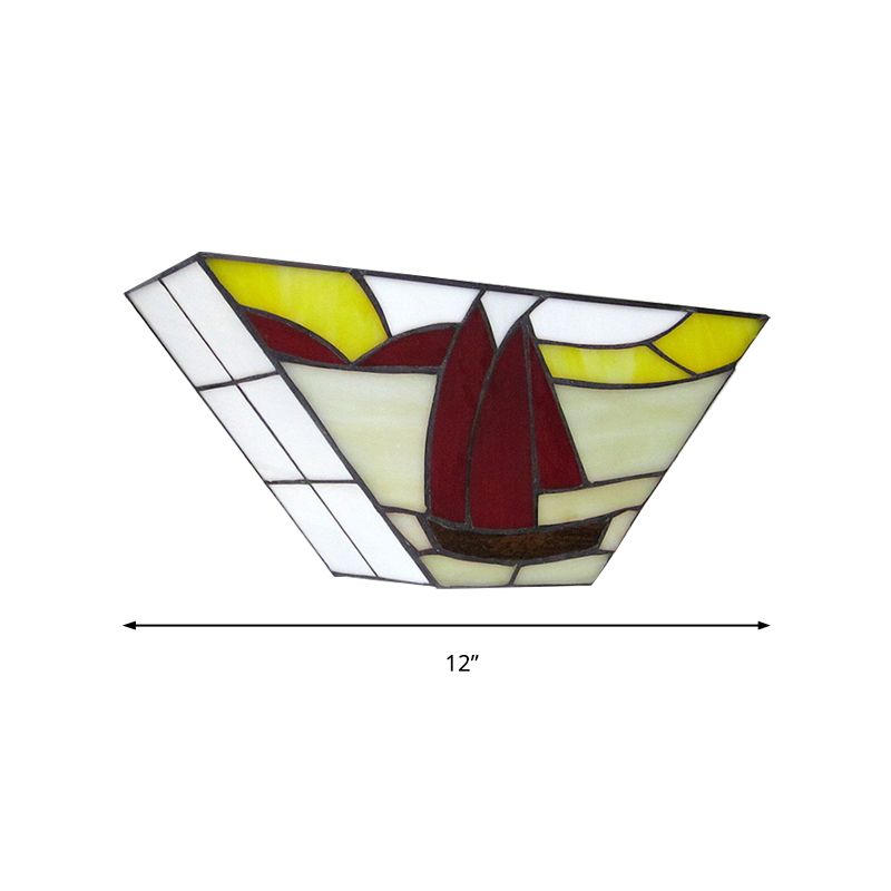 Trapezoid Wall Mount Light with Sailboat Stained Glass Nautical 1 Light Wall Sconce for Outdoor