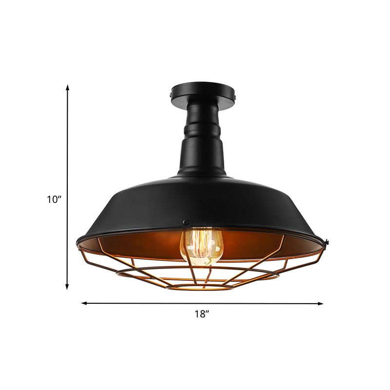 Black Cage Ceiling Light Vintage Style Metal 1 Head Indoor Semi Flush Mount Lighting with Barn Shade, 10"/14"/18" W