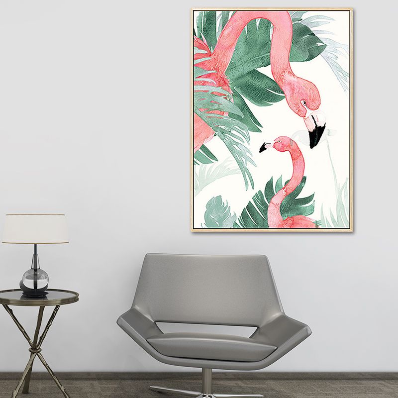 Pink-Green Kids Wall Art Flamingo and Leaves Print Canvas for Sitting Room, Textured