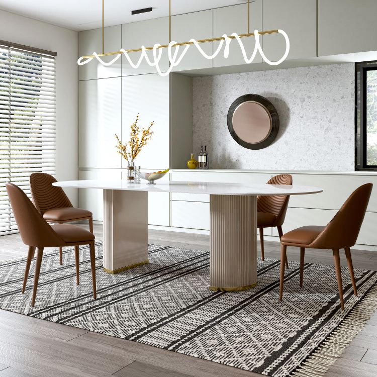 Ovale dubbele voetstuk glamour eettafel witte tint vaste tafel met gesinterde steen