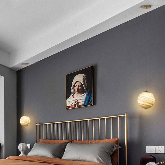 Stained Glass Planet Hanging Lamp Minimalist 1-Light Down Lighting Pendant for Bedroom