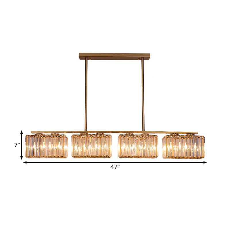 Gold 4/6/8 Bulbs Pendant Lighting Contemporary Metal Linear Island Lamp with Clear Cuboid Crystal Shade for Dinning Room