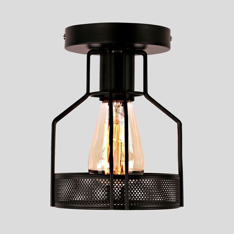 1 Head Cage Semi Flush Mount Light with Mesh Screen Industrial Loft Black Metal Ceiling Lighting for Dining Room