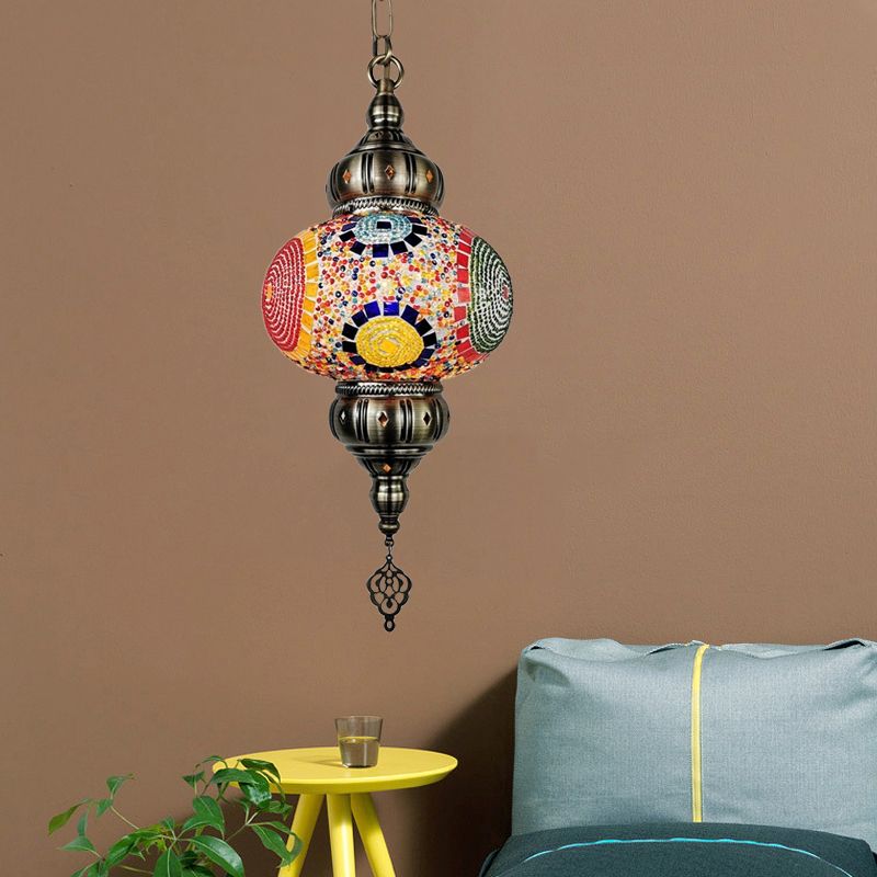 Stained Glass Red/Orange/Green Pendant Lamp Oval 1 Head Vintage Suspension Lighting