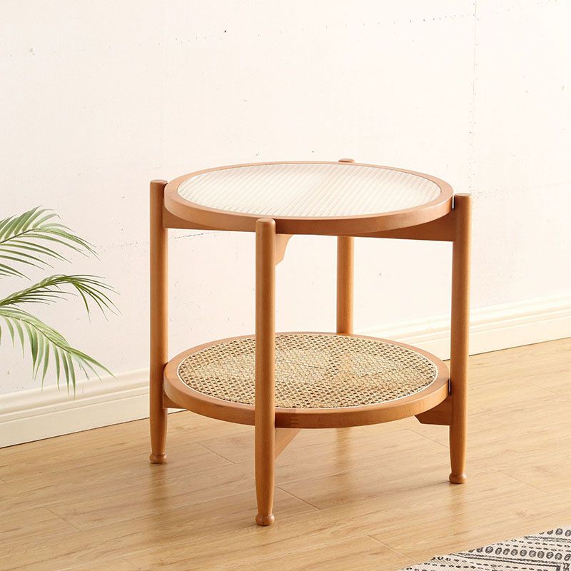 21.65" Tall Round Glass Top Side Table Wood 4 Legs End Table with Shelf