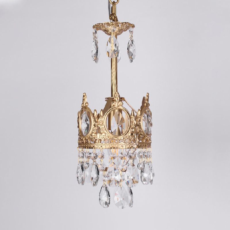 Gold Crown-Shape Ceiling Pendant Antique Metal Single Bedroom Hanging Lamp with Crystal Drops