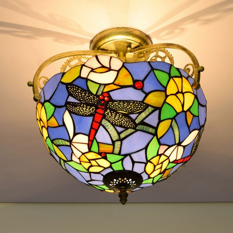 2 Lights Kitchen Semi-Flush Mount Mediterranean Beige/Red/Orange Close to Ceiling Lighting with Dragonfly Cut Glass Shade