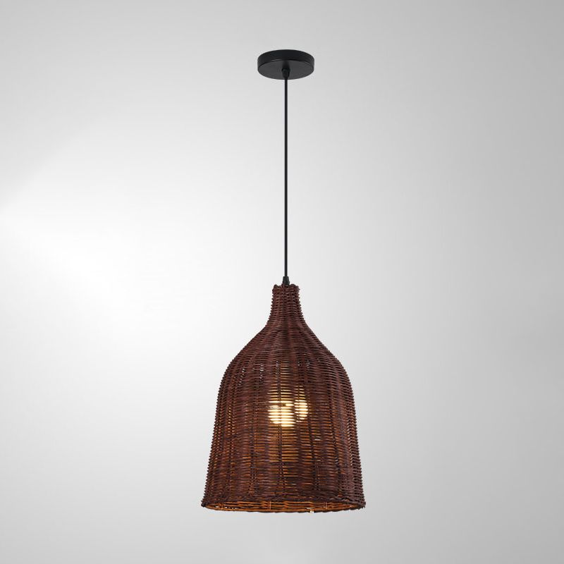 1-Light Hanging Light Fixture Asian Style Pendant Lamp with Rattan Shade for Living Room
