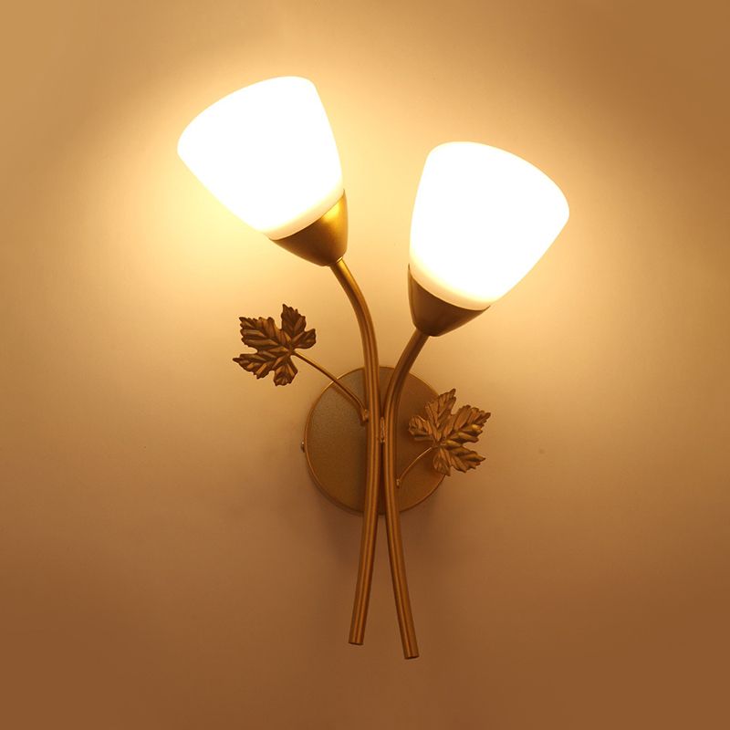 Floral Wall Lamp Modernist Milk Glass 2 Bulbs Black/Gold Sconce Light Fixture with Metal Leaf