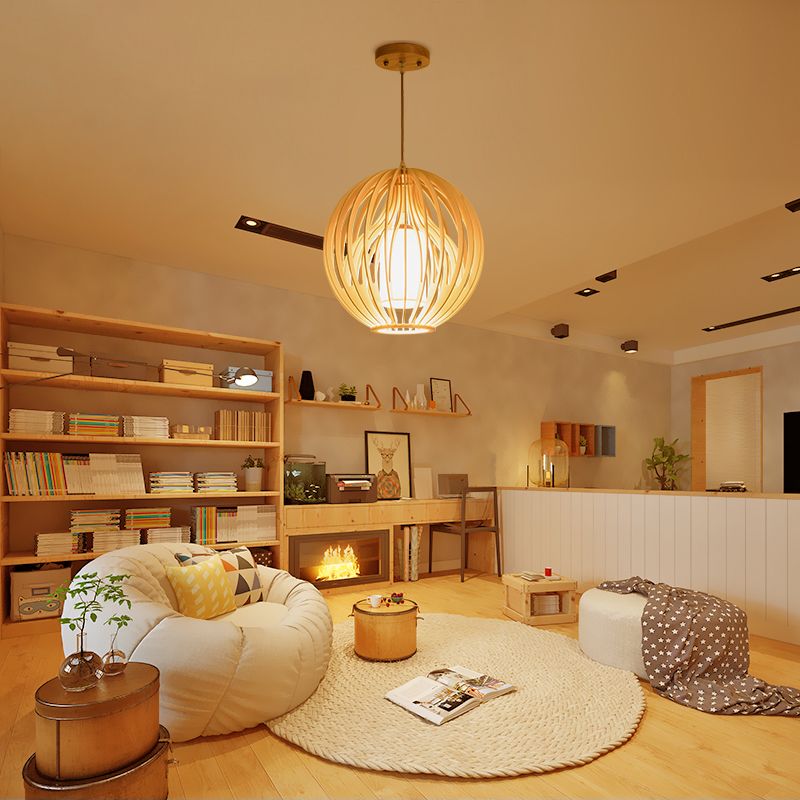 Lámpara colgante de orbes beige/hat contemporáneo 1 cabeza de madera de madera luz colgante para restaurante