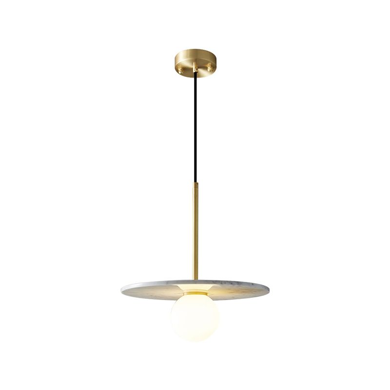 Natural Marble Small Pendant Light Modern 1-Head Suspension Lamp with White Glass Shade