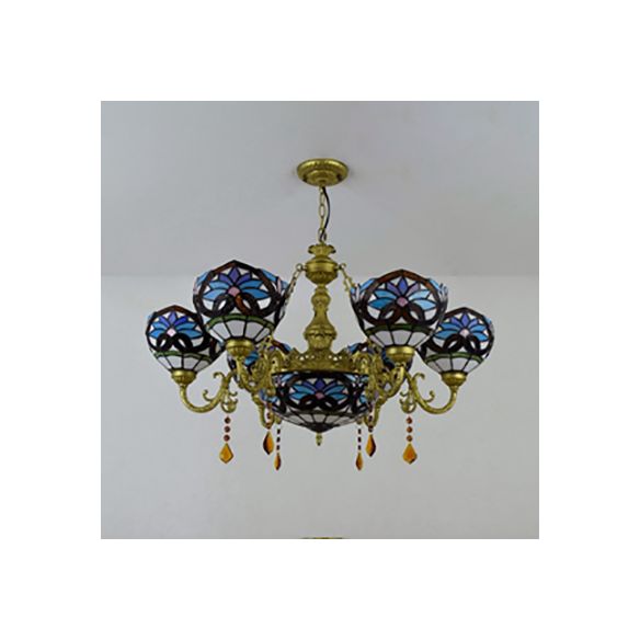 Stained Glass Bowl Shade Hanging Pendant Rustic 7 Lights Chandelier with Crystal in Blue for Bedroom