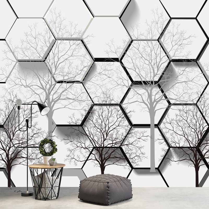 Creative Honeycomb Bare Tree Mural Black-White Moisture Resistant Wall Art for Home