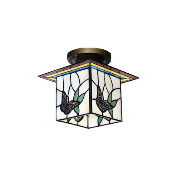1 Light Butterfly Flush Light Mission Lodge Stained Glass Flush Mount Light for Corridor