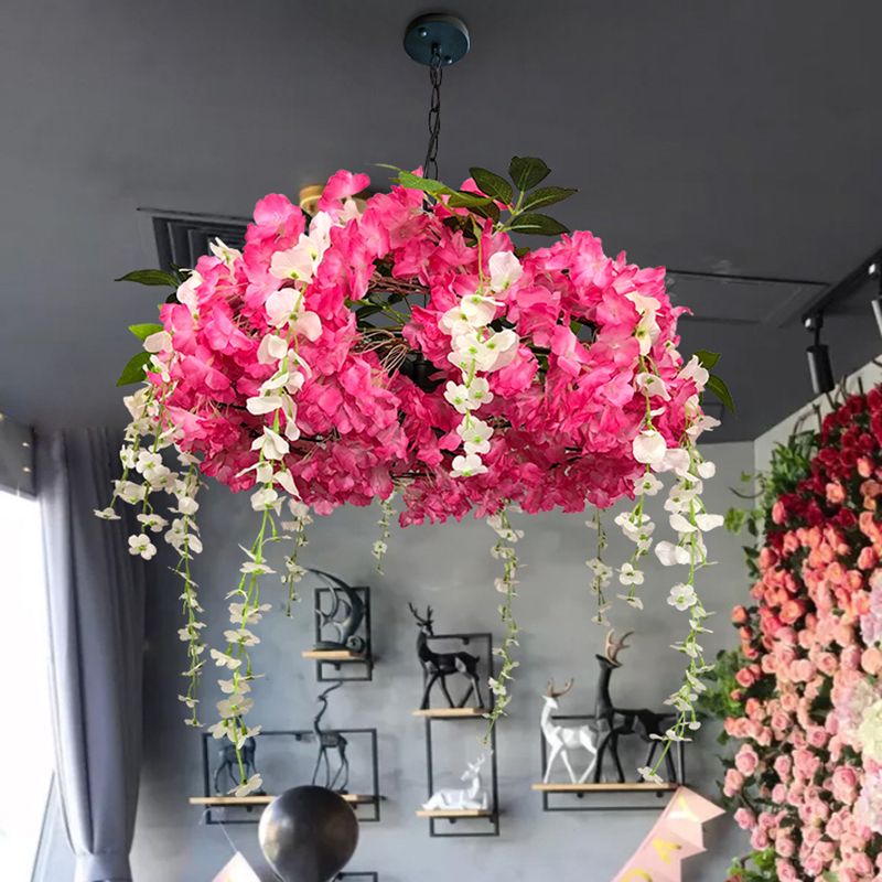 3-Light Round Cage Pendant Lamp Rural Metal Chandelier Light with Artificial Flower