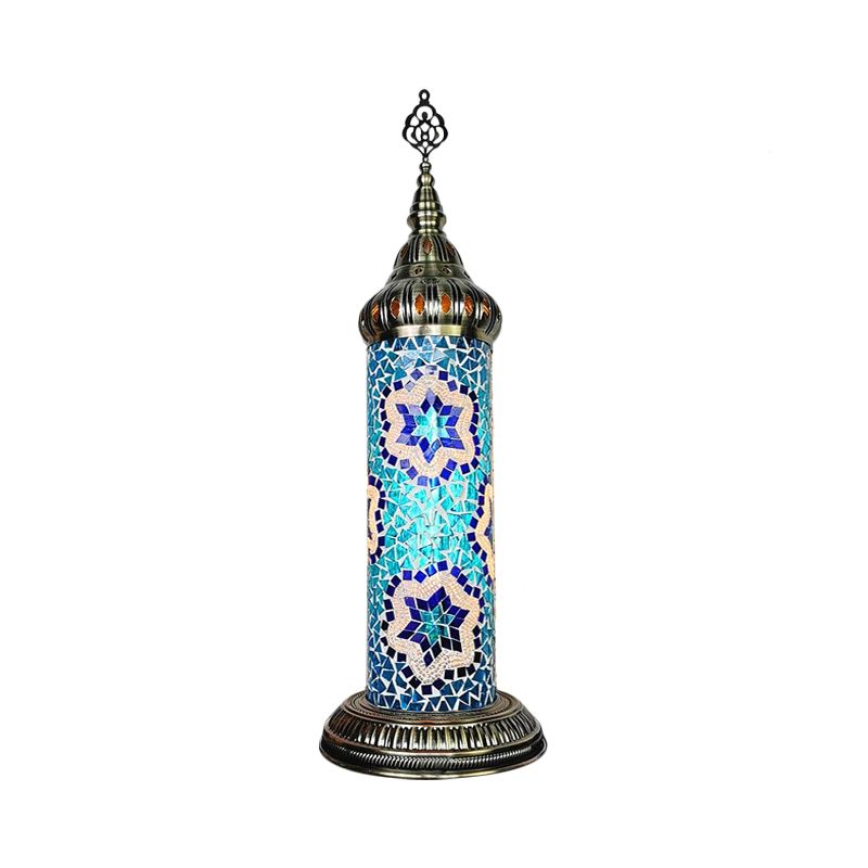 Lámpara de mesa de dormitorio de cilindro Vidroma manchado tradicional Amarillo/azul/LED de LED verde luz
