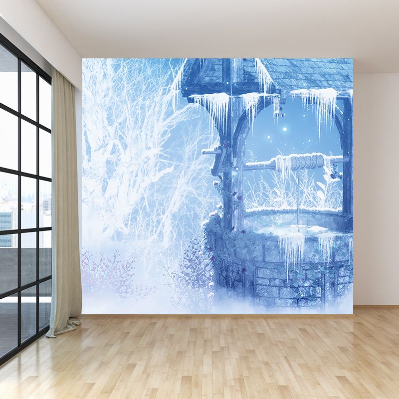 Blue Contemporary Wall Mural Great Moon and Shabby Well Wall Decor for Guest Room