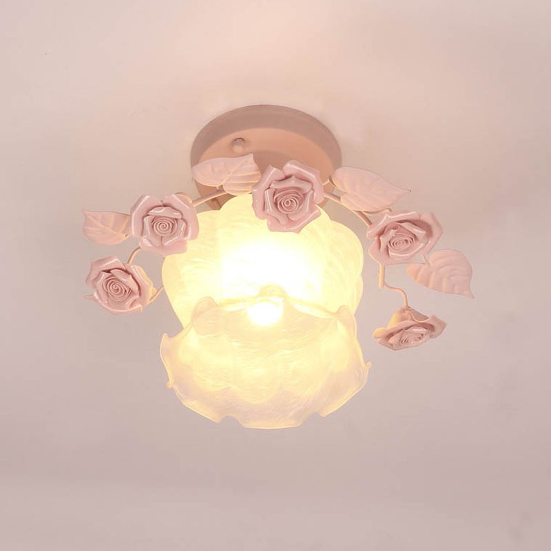 Ruffle Frosted White Glass Semi Flush Mounted Light Pastoral Style 1-Light Dining Room Ceiling Lighting in Pink/White/Blue