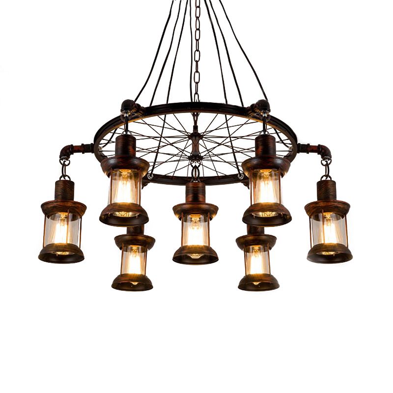 Coastal Lantern Hanging Lamp 7 Lights Clear Glass Chandelier Lighting in Rust with Wheel