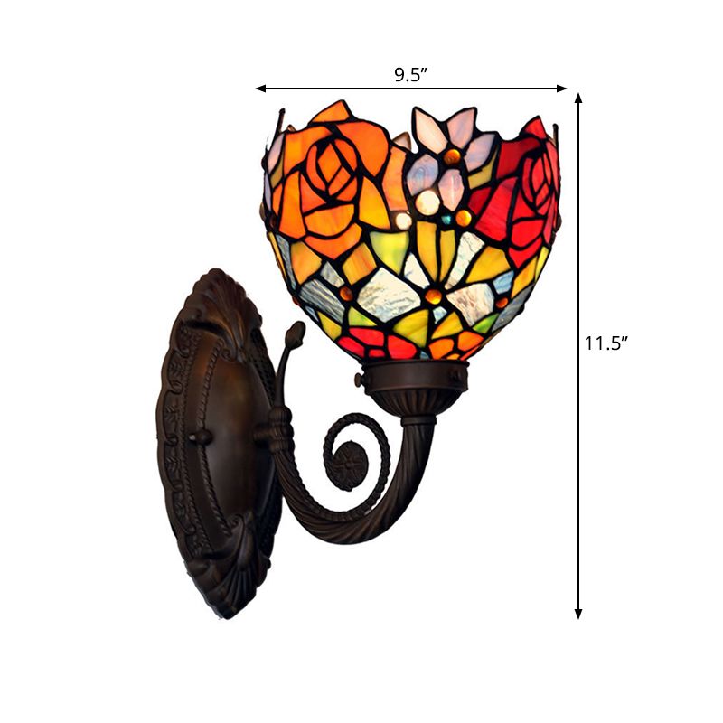 Bowl Wall Light Sconce Mediterranean Hand Cut Glass 1-Light Black Flower Patterned Wall Mounted Light